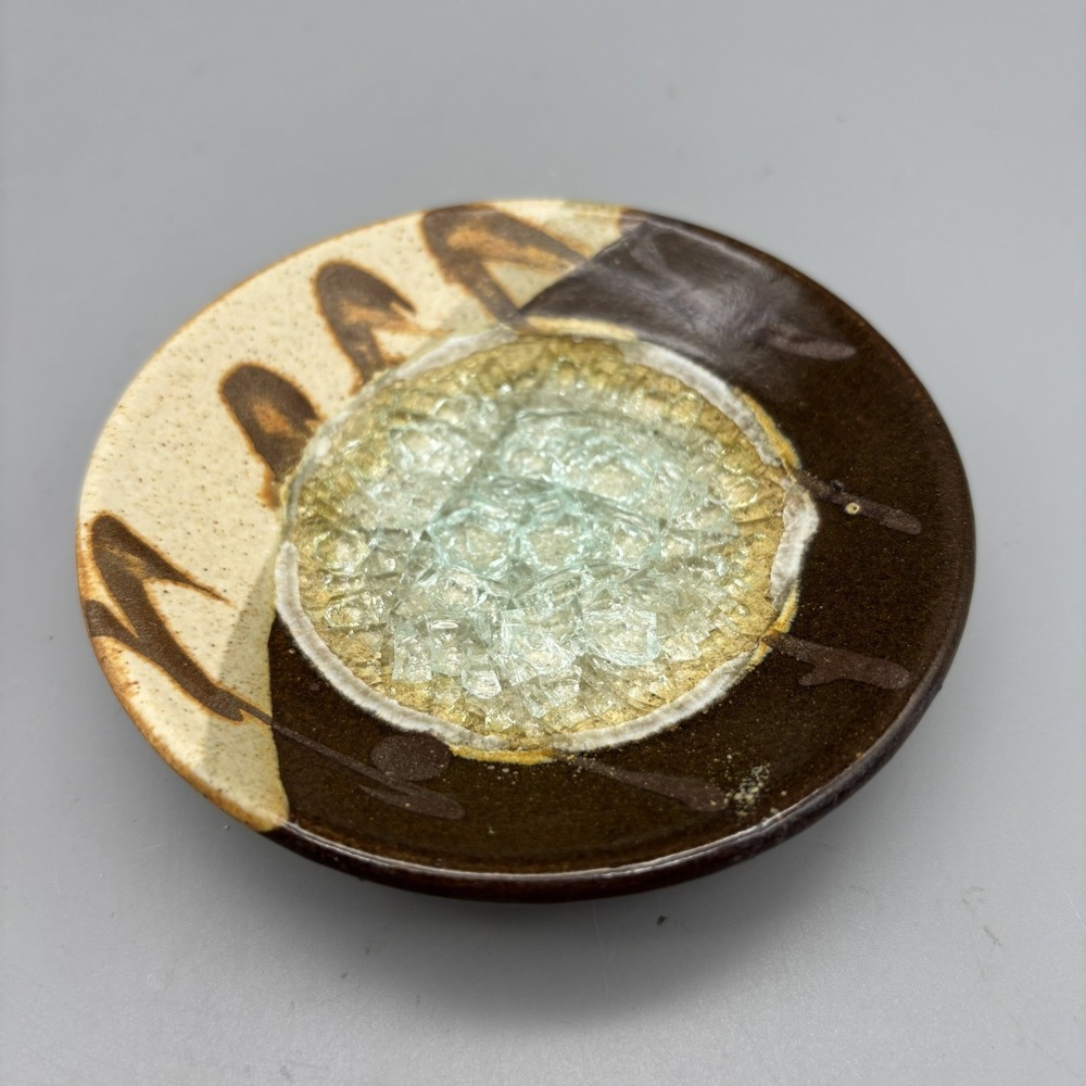 Crackle Glass Pottery Trinket Dish Candle Holder‎ Neutral Color Glaze 4.5"
